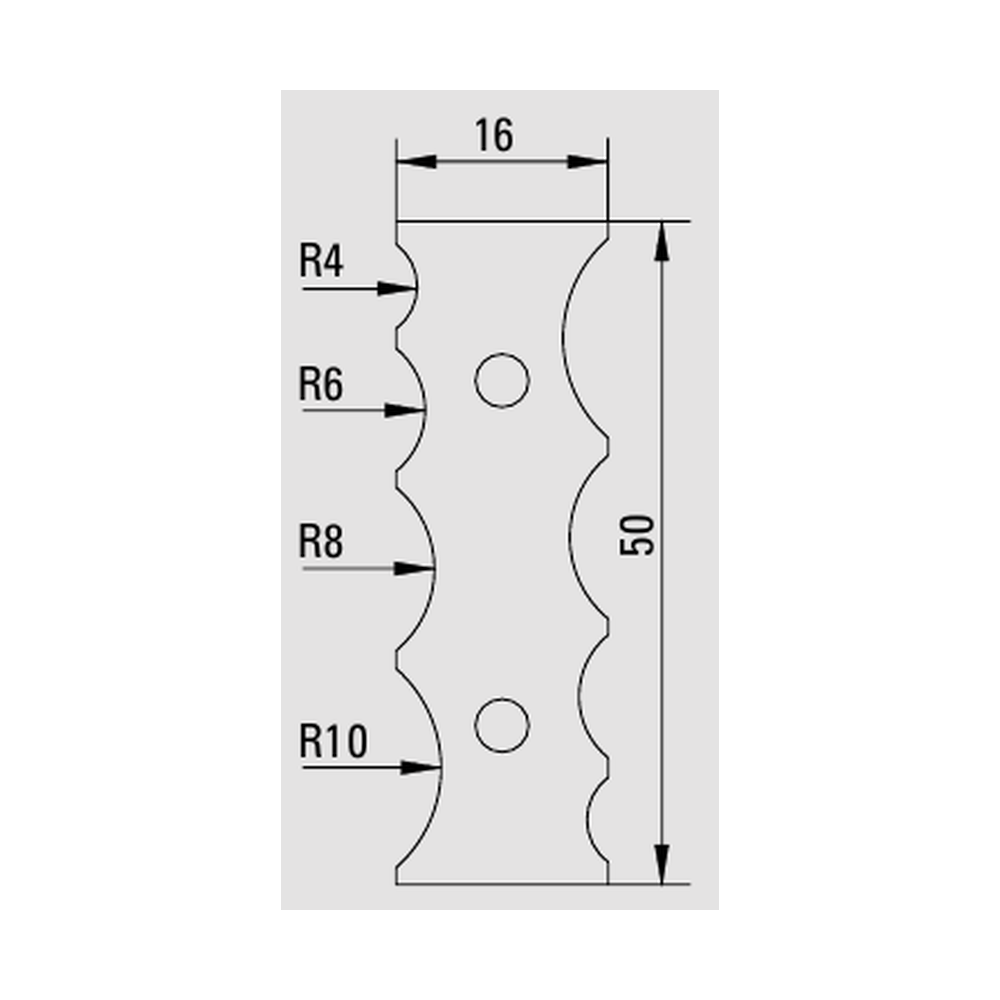 GUHDO 4068 HW-Wendeplatte 50 mm – technische Zeichnung R4, R6, R8 und R10